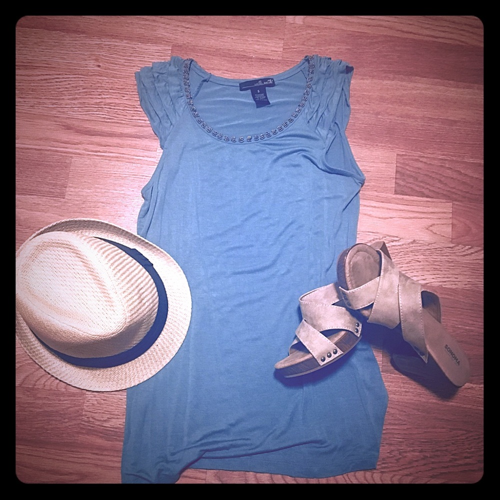 Beautiful teal shirt with beaded neckline