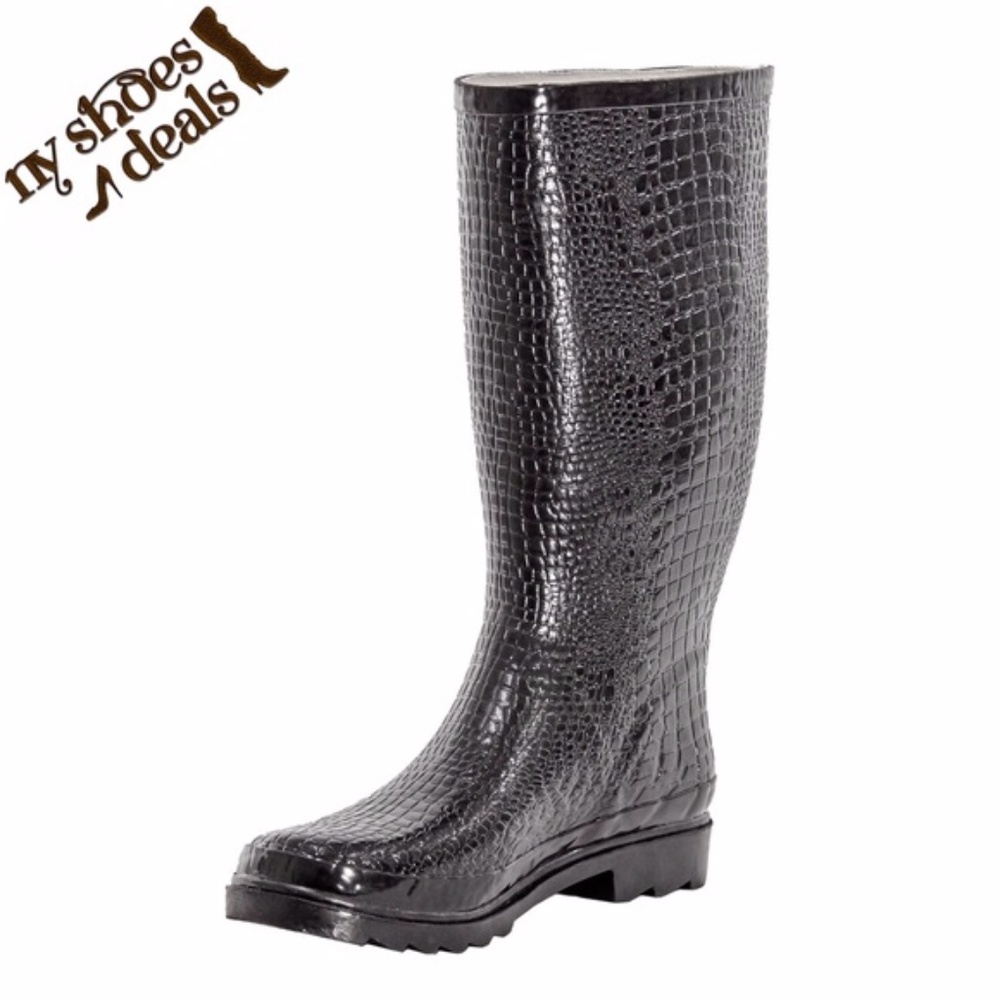 Women's 14" Black Croco Rubber Rain Boots, Wellies - Picture 1 of 4