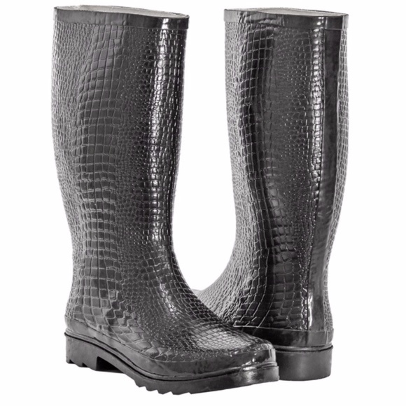 Women's 14" Black Croco Rubber Rain Boots, Wellies - Picture 2 of 4