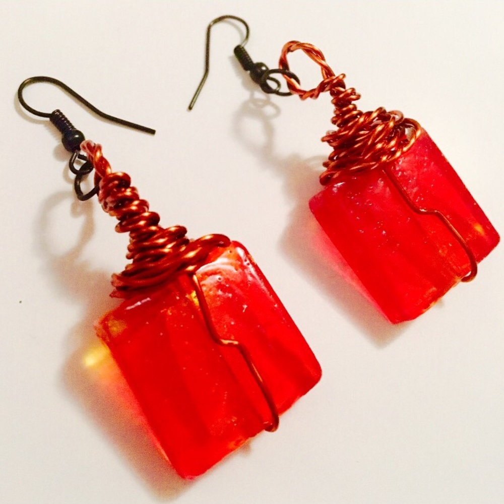 Red Orange Glass Square Earrings