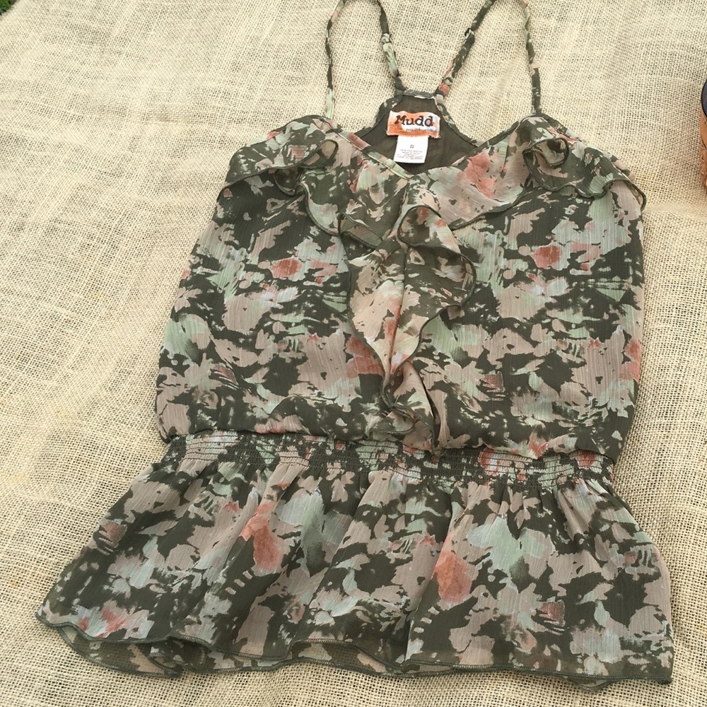MUDD Boho Green Pink Floral Ruffle Tank Top Blouse