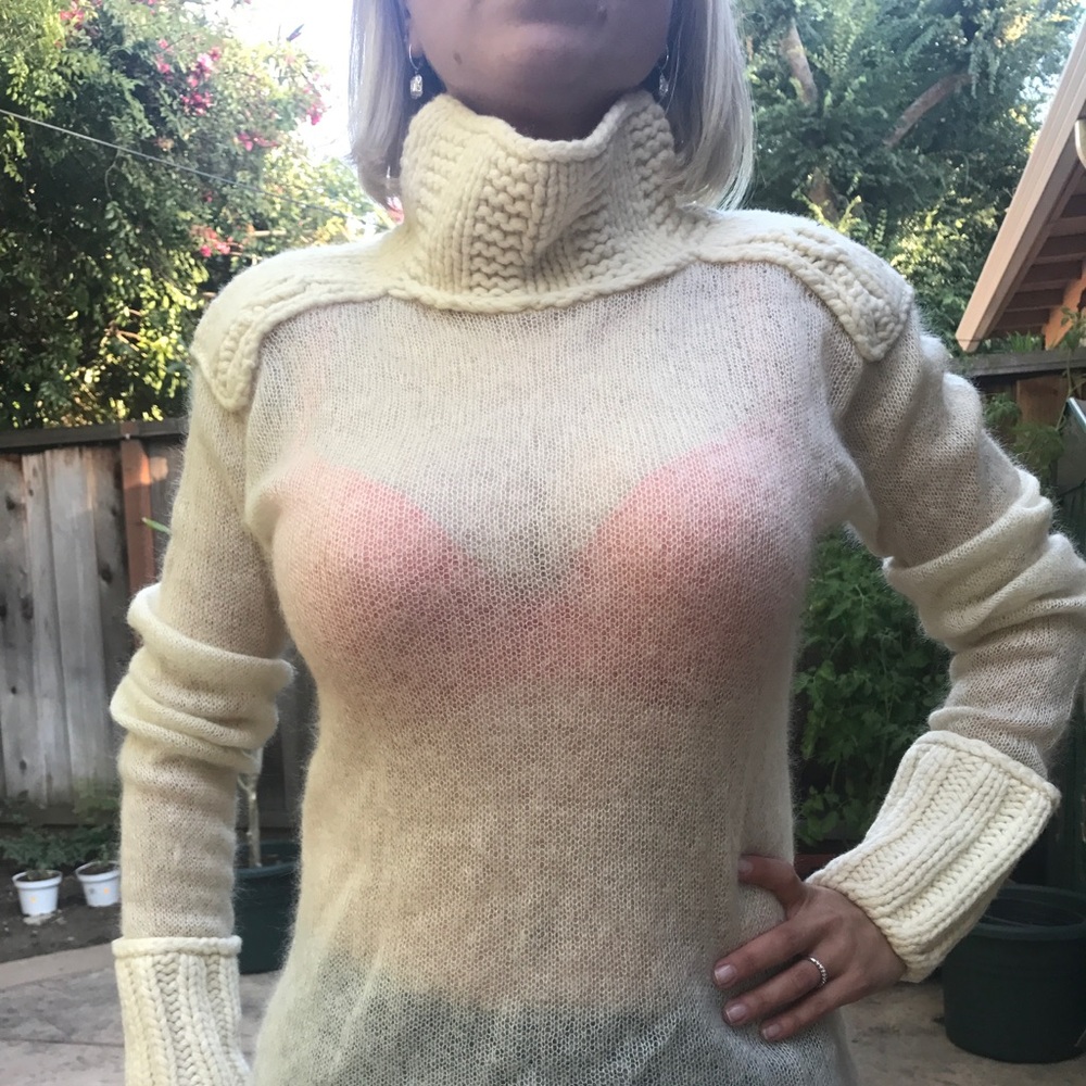 DKNY MOHAIR MIX SWEATER SEE THROUGH SIZE L WHITE