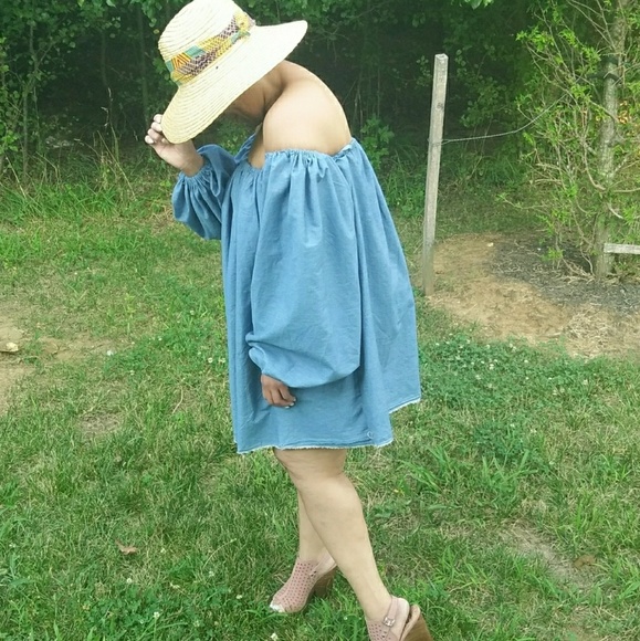 Denim off shoulder swing dress with balloo sleeves - Picture 1 of 2