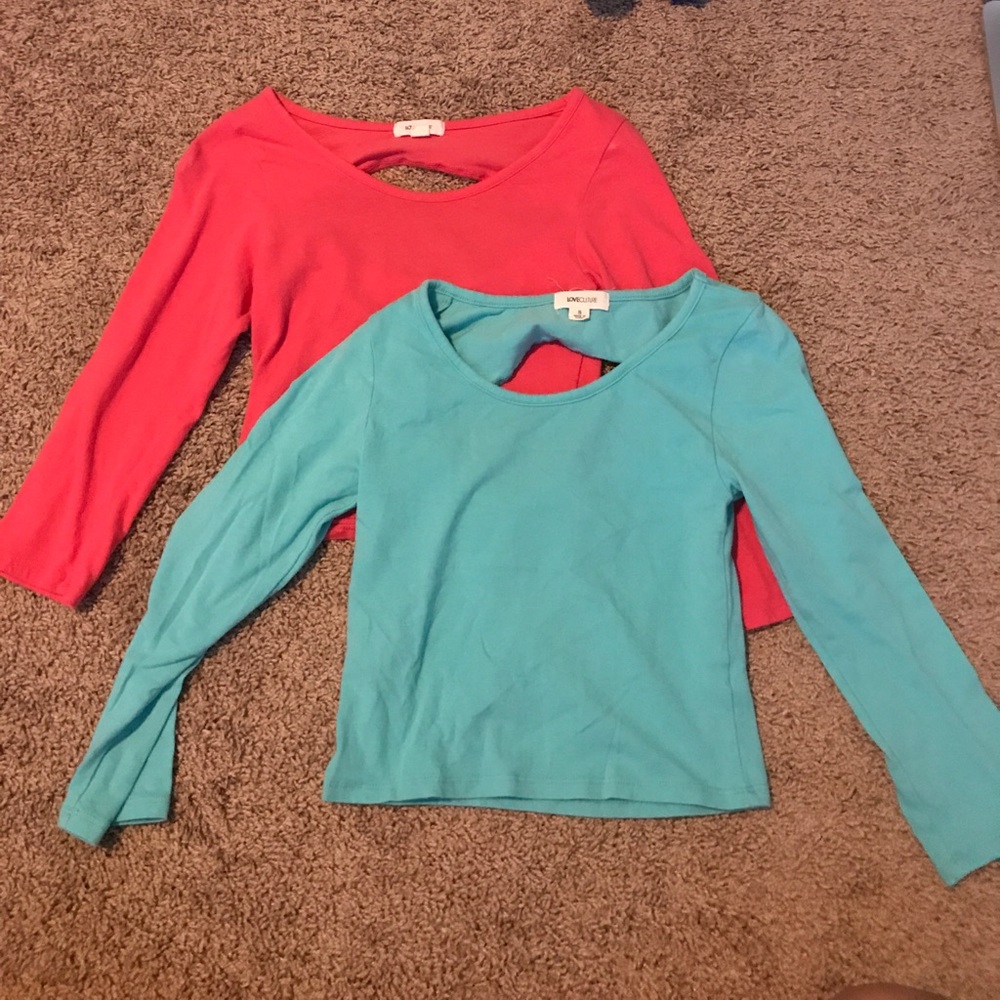 Teal & coral long sleeve crop tops
