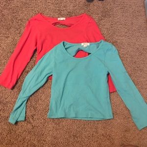Teal & coral long sleeve crop tops