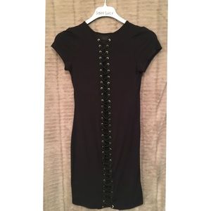 Black V-Neck Casual Dress w Lace Up Detail On Back