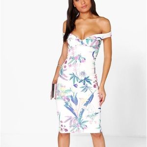 White floral sexy midi cocktail dress