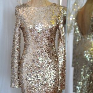 Badgley Mischka gold sequin long sleeve dress
