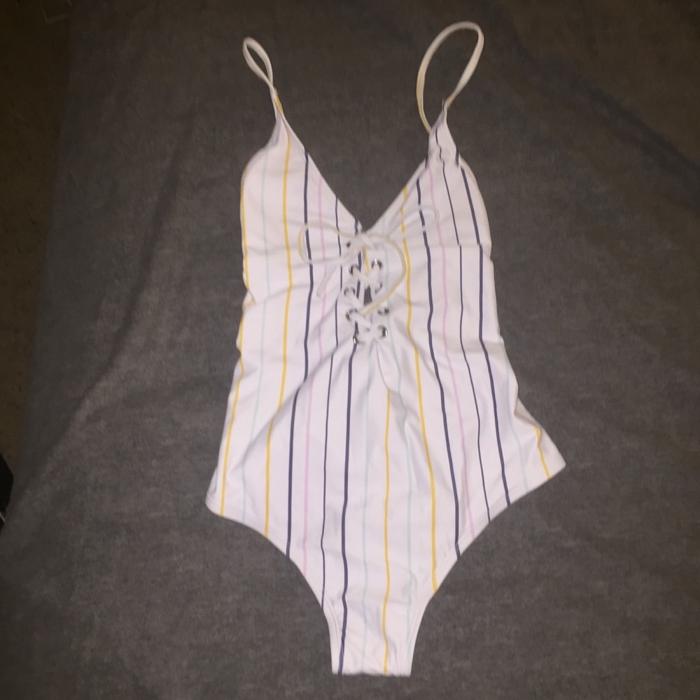 White striped tie one pice bathing suit cheeky