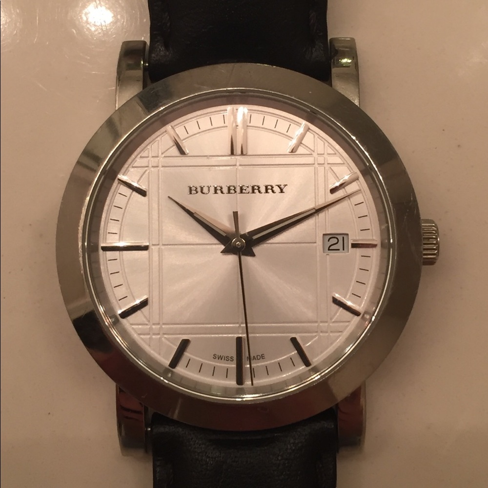 Silver Burberry and Black Leather Men's Watch