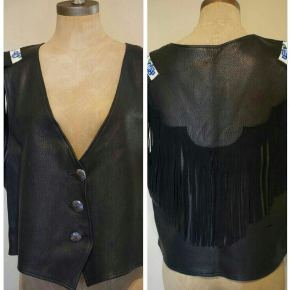 Fringe Western Leather Vest with Beaded Shoulder