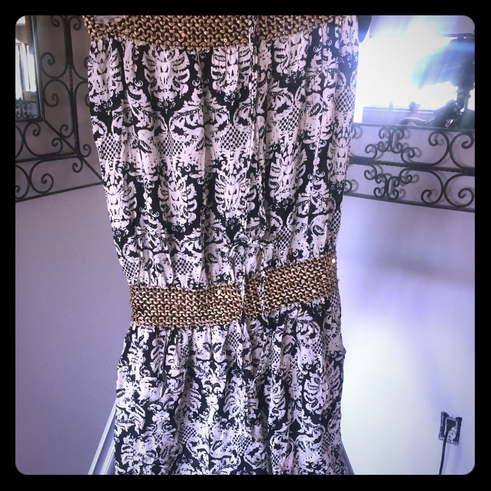Black and white strapless beaded romper