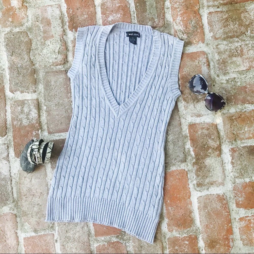 Silver Deep V Cable Knit Sweater Vest