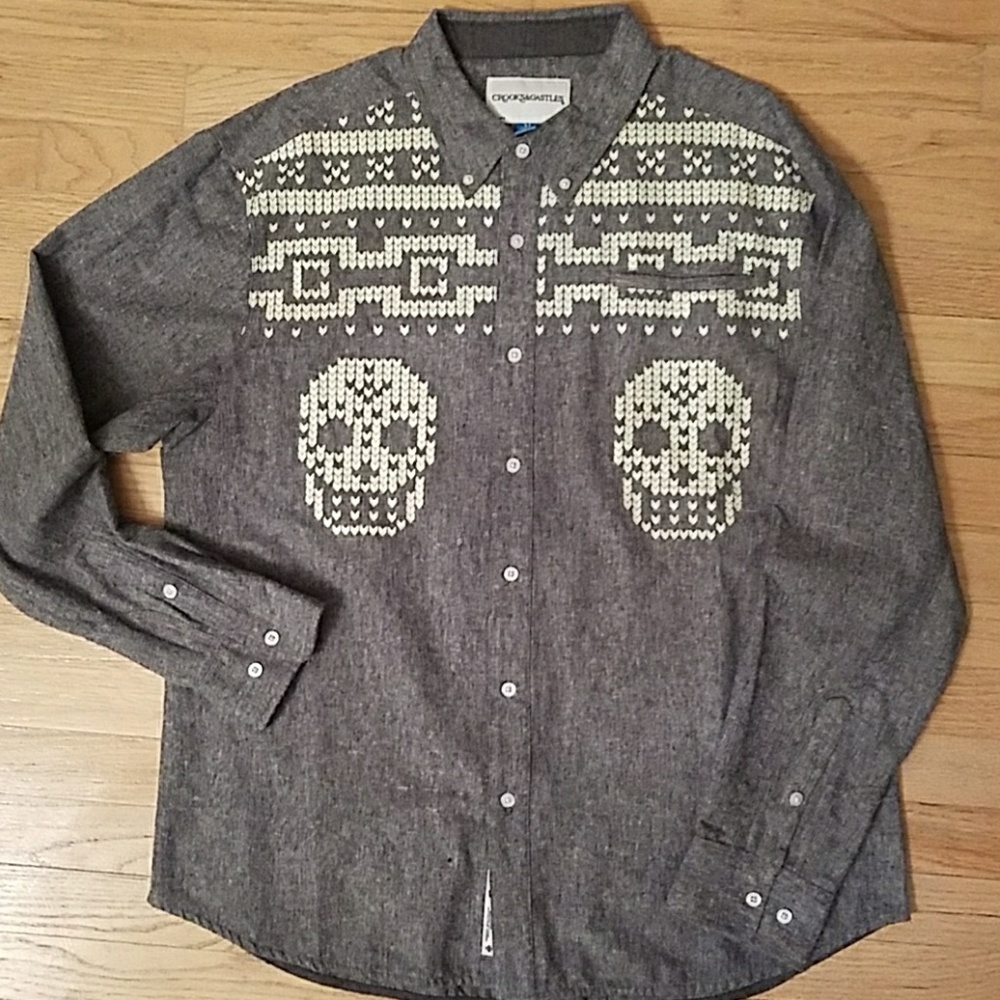 Crooks & Castles Gray Skull Linen Blend Shirt XL