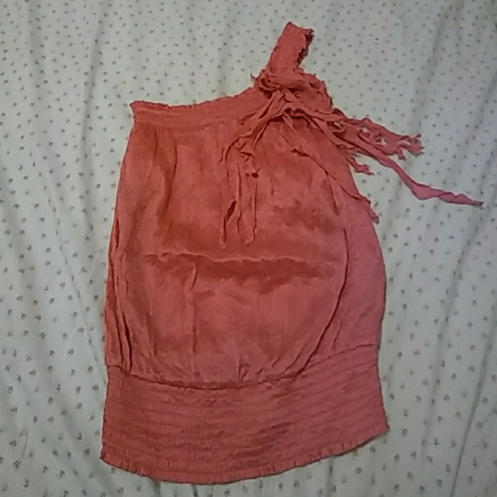 BEBE pink off the shoulder silk blouse.