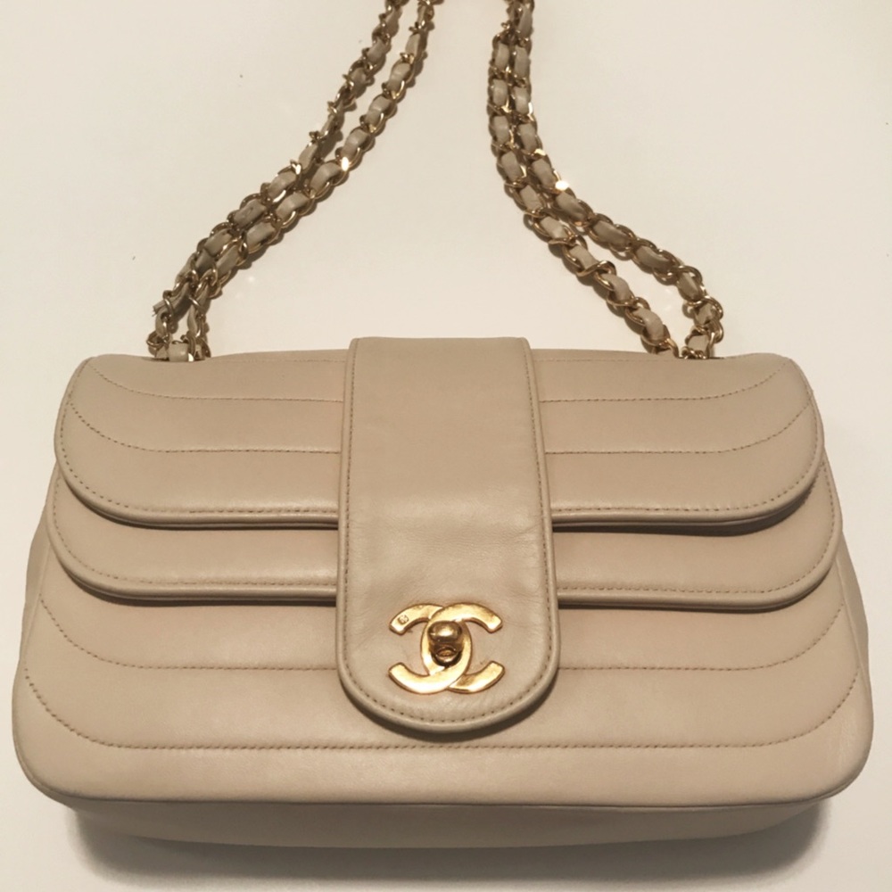Authentic CHANEL Lamb Skin Chain Beige CC