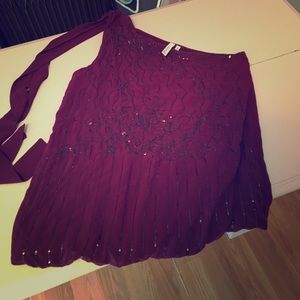 One shoulder silk top, hand beaded