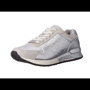 Bebe silver sport racer lace up sneakers.