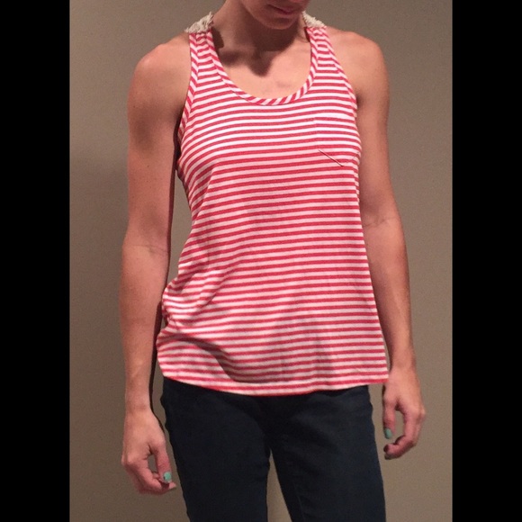 Red and White striped tank with lace back - Picture 1 of 2