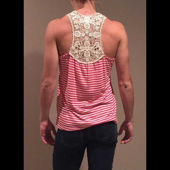 Red and White striped tank with lace back - Picture 2 of 2