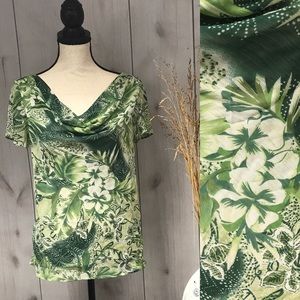 JBS Green Hawaiian Floral Print Sheer Top sz 10