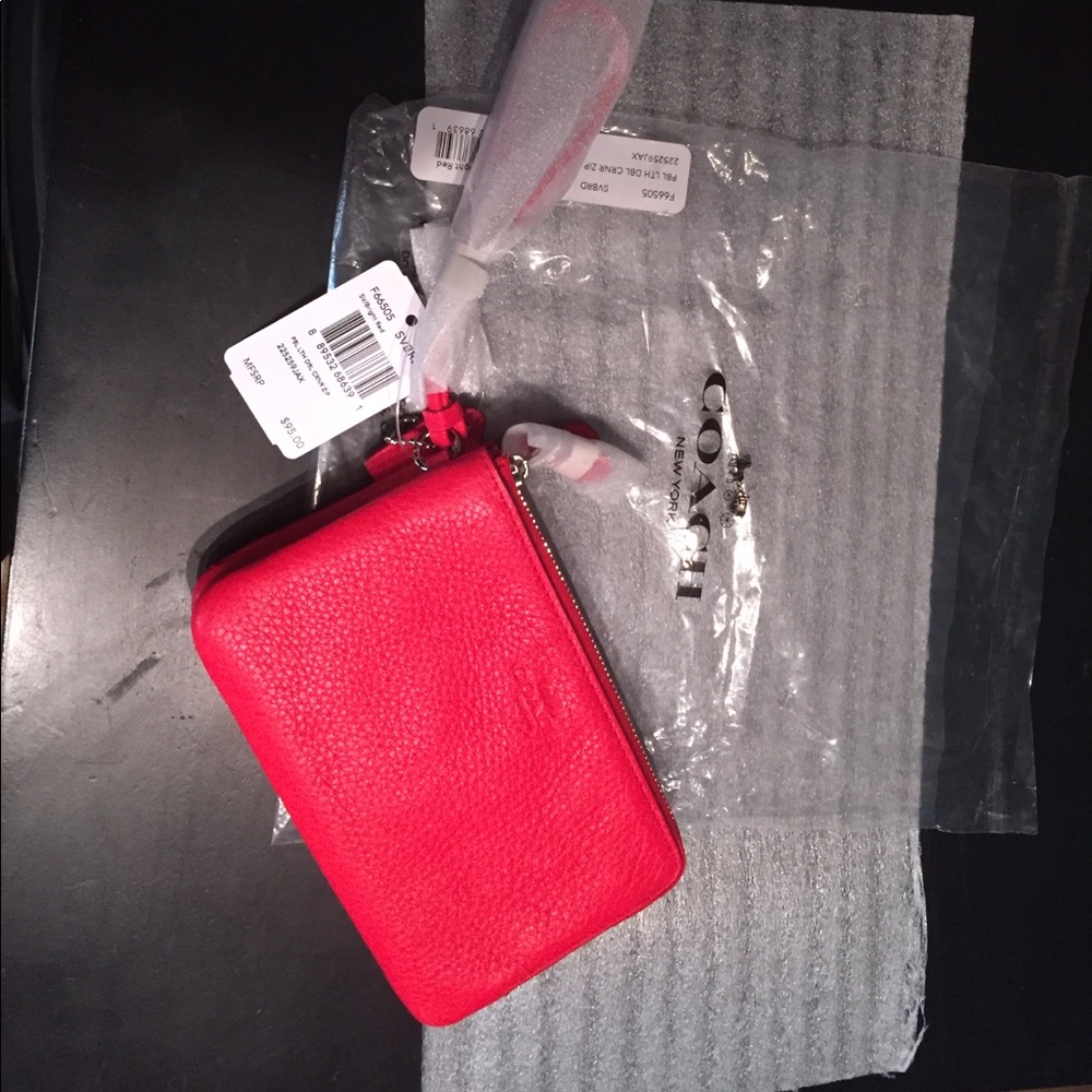 Coach pebble leather "hot red" double zip clutch