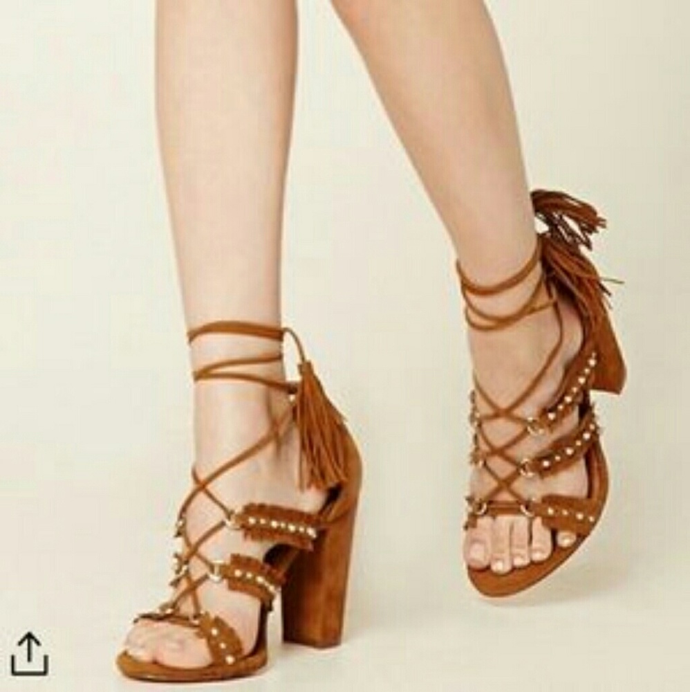 Black Tassel and Fringe Lace Up Chunky Heel Sandal
