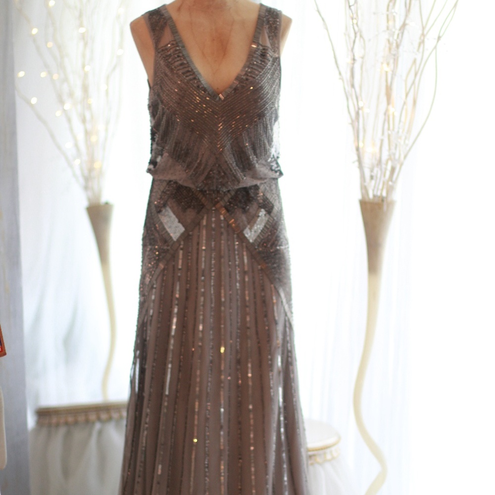Aidan Maddox silver beaded long dress