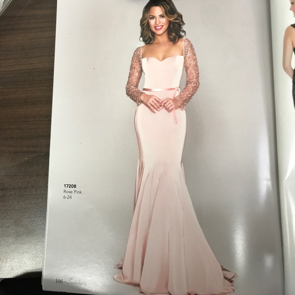 Pink gown with sheer beaded sleeves 17208
