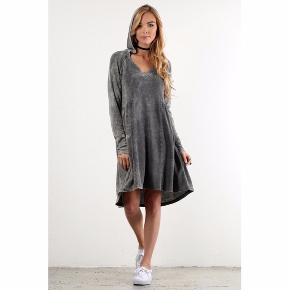 Mineral Wash Hooded Midi Dress in Gray - Picture 2 of 6