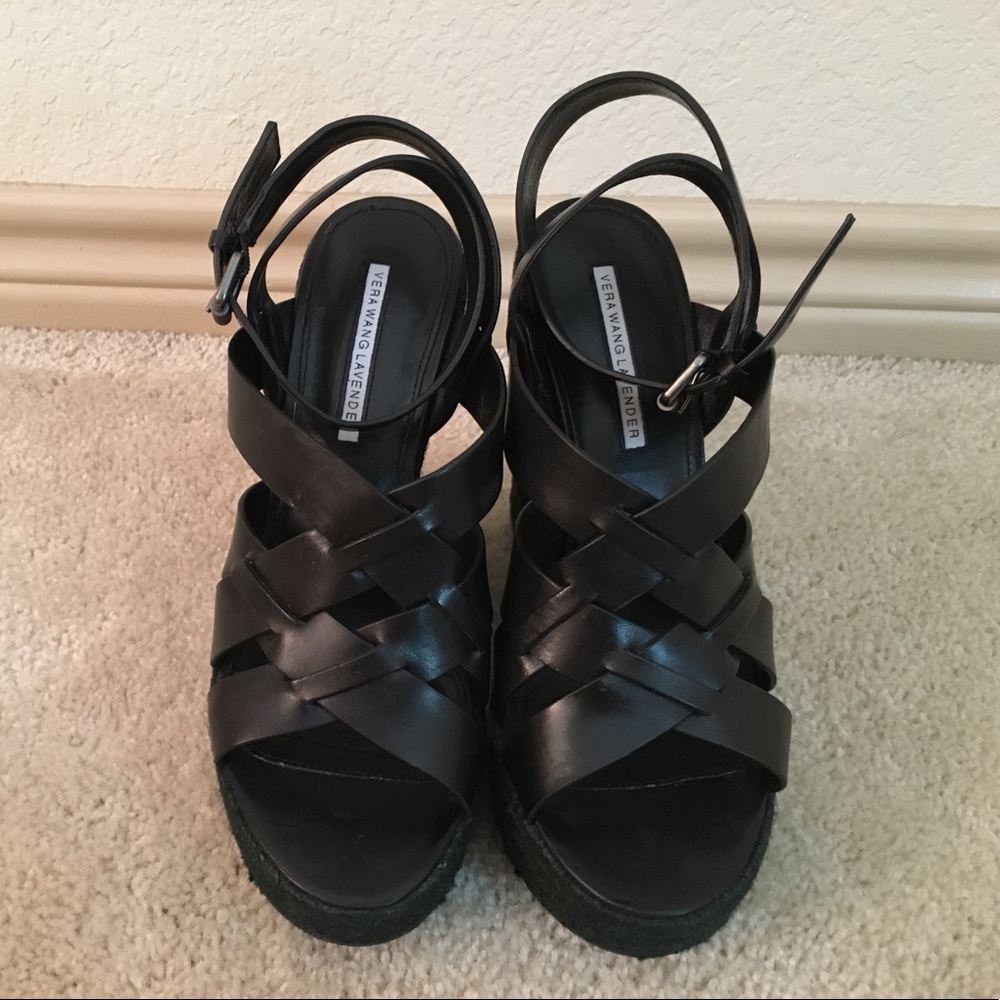 Vera Wang Lavender Black Leather Wedge Sandal