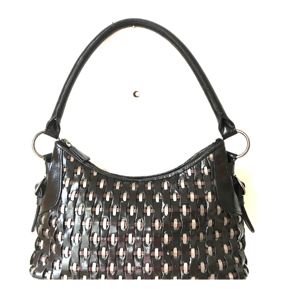 Black Leather and Metallic Woven Handbag