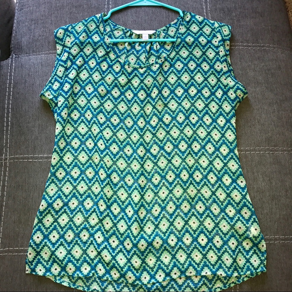 Blue and green Aztec pattern sheer blouse
