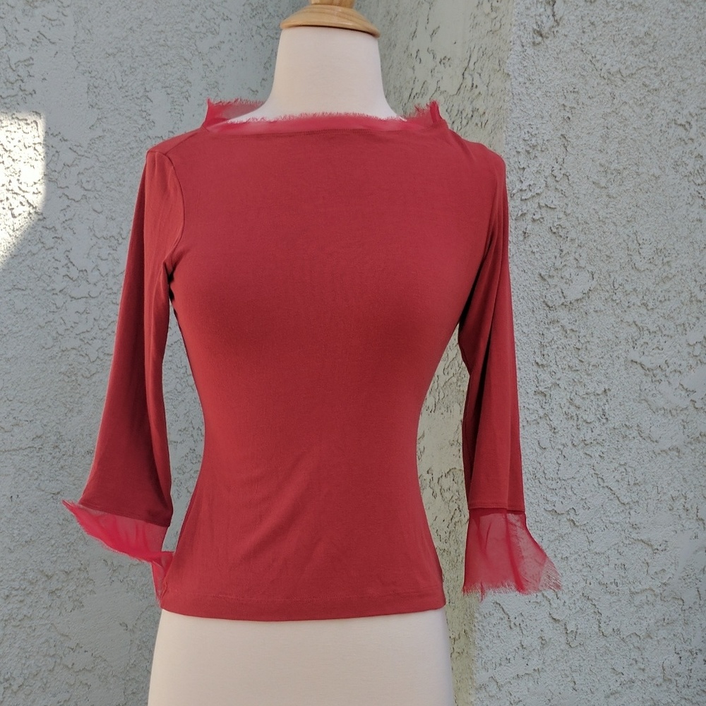 Coral boat neck boho top w fine mesh wrists