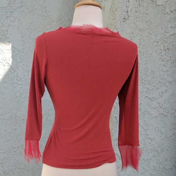 Coral boat neck boho top w fine mesh wrists - Picture 3 of 4