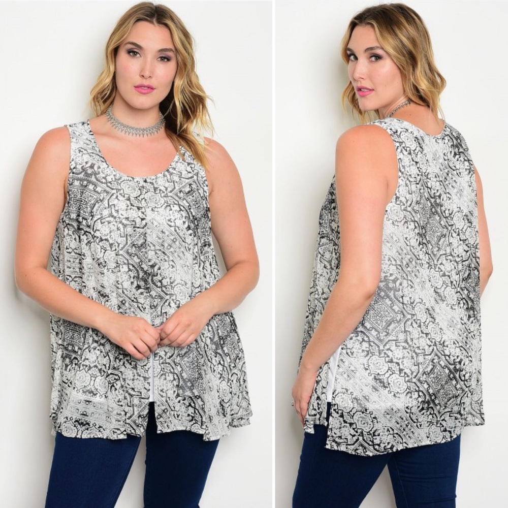 Black and White Sleeveless Plus Size Blouse