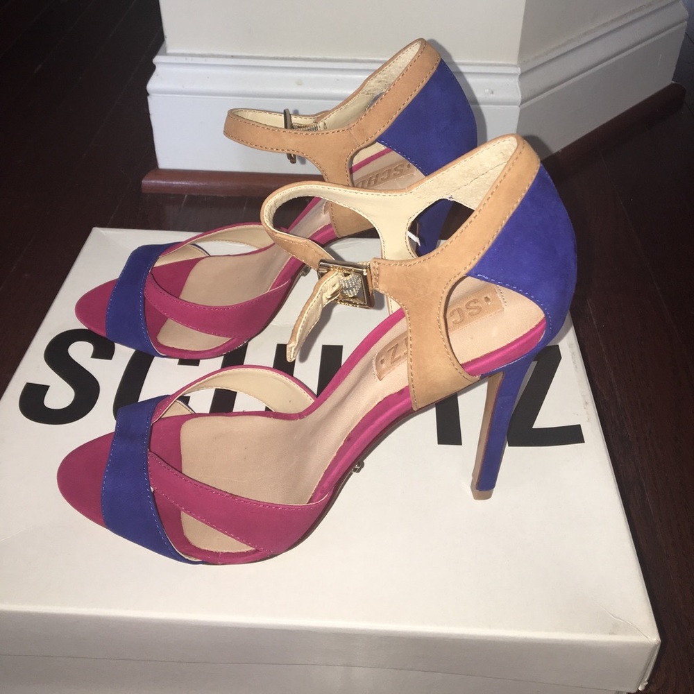 Schutz blue and raspberry red heels