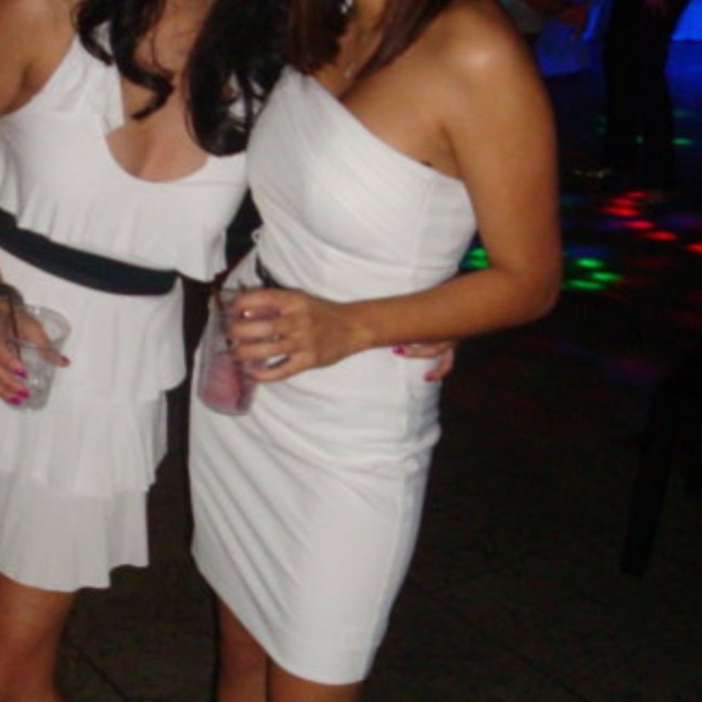Bebe one-shoulder belted cocktail dress