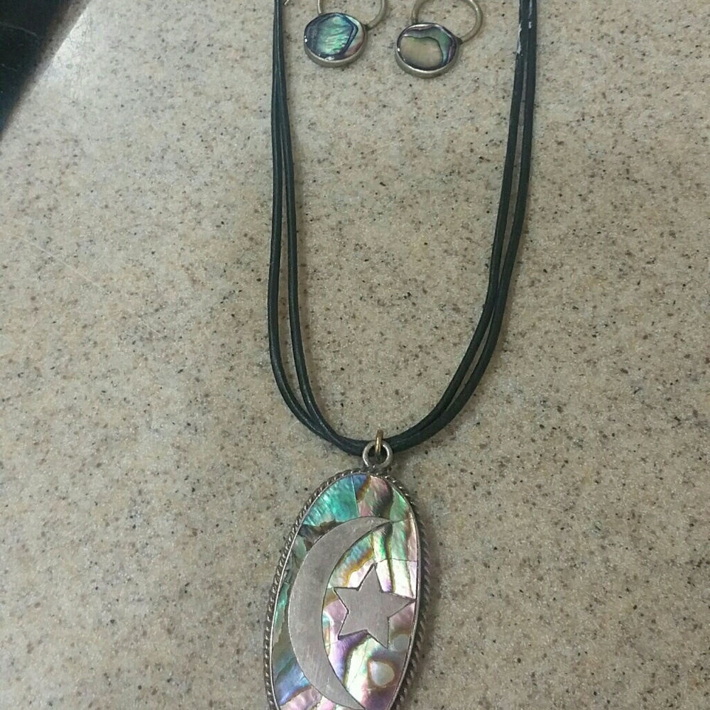 Sterling Silver Abalone moon/star Necklace & Earring SET