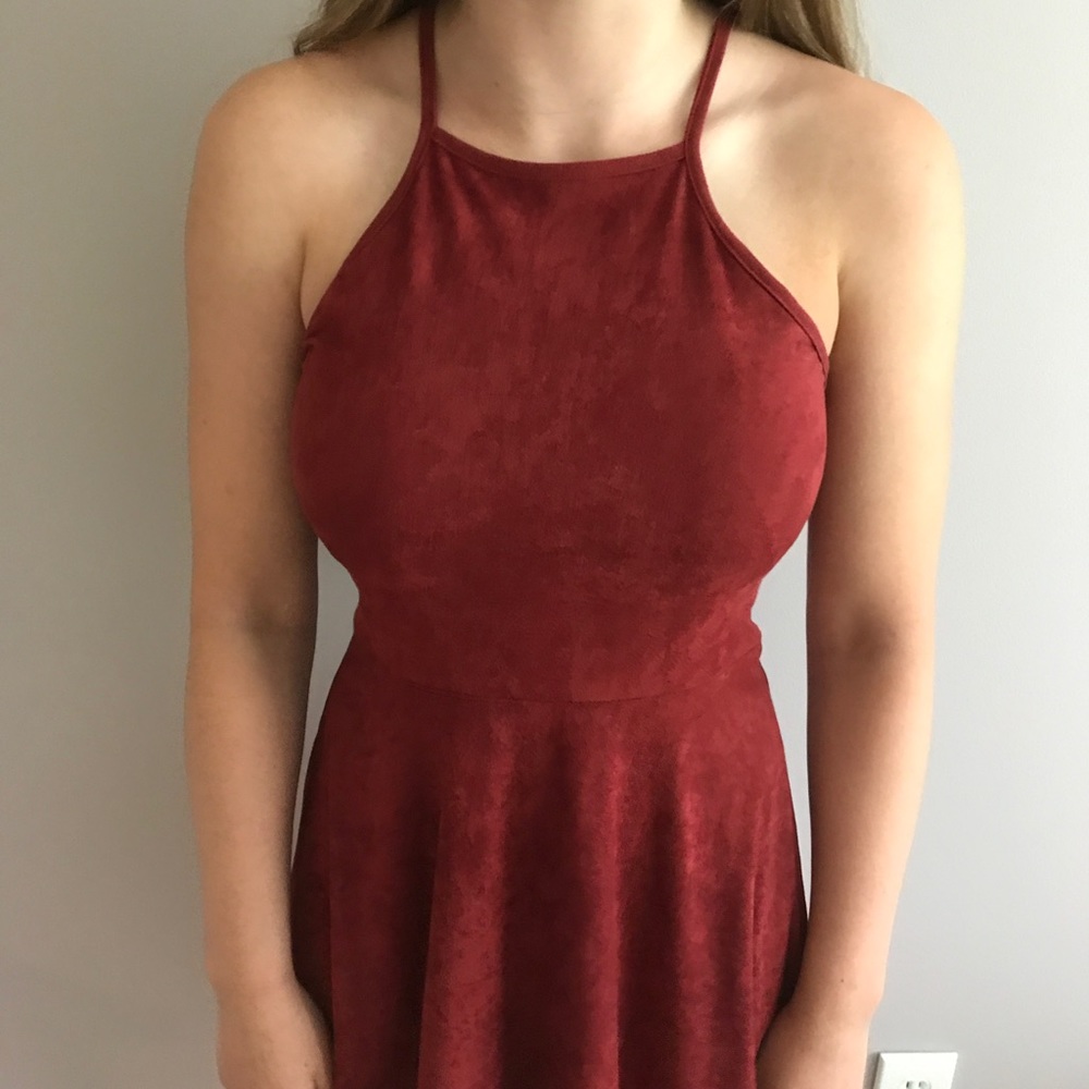 Red halter top velvet dress