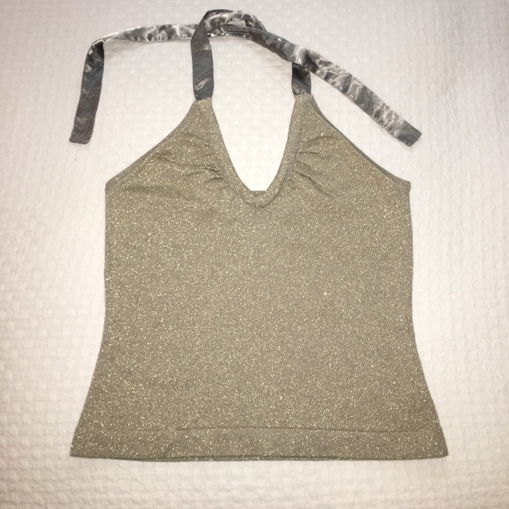Gold halter top with silver ribbon tie