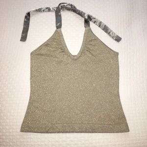 Gold halter top with silver ribbon tie