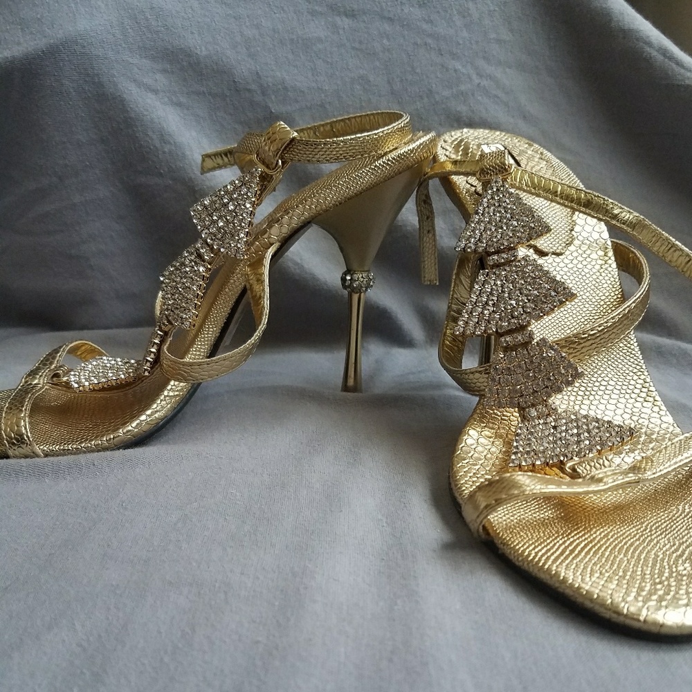 Gold strappy rhinestone heels