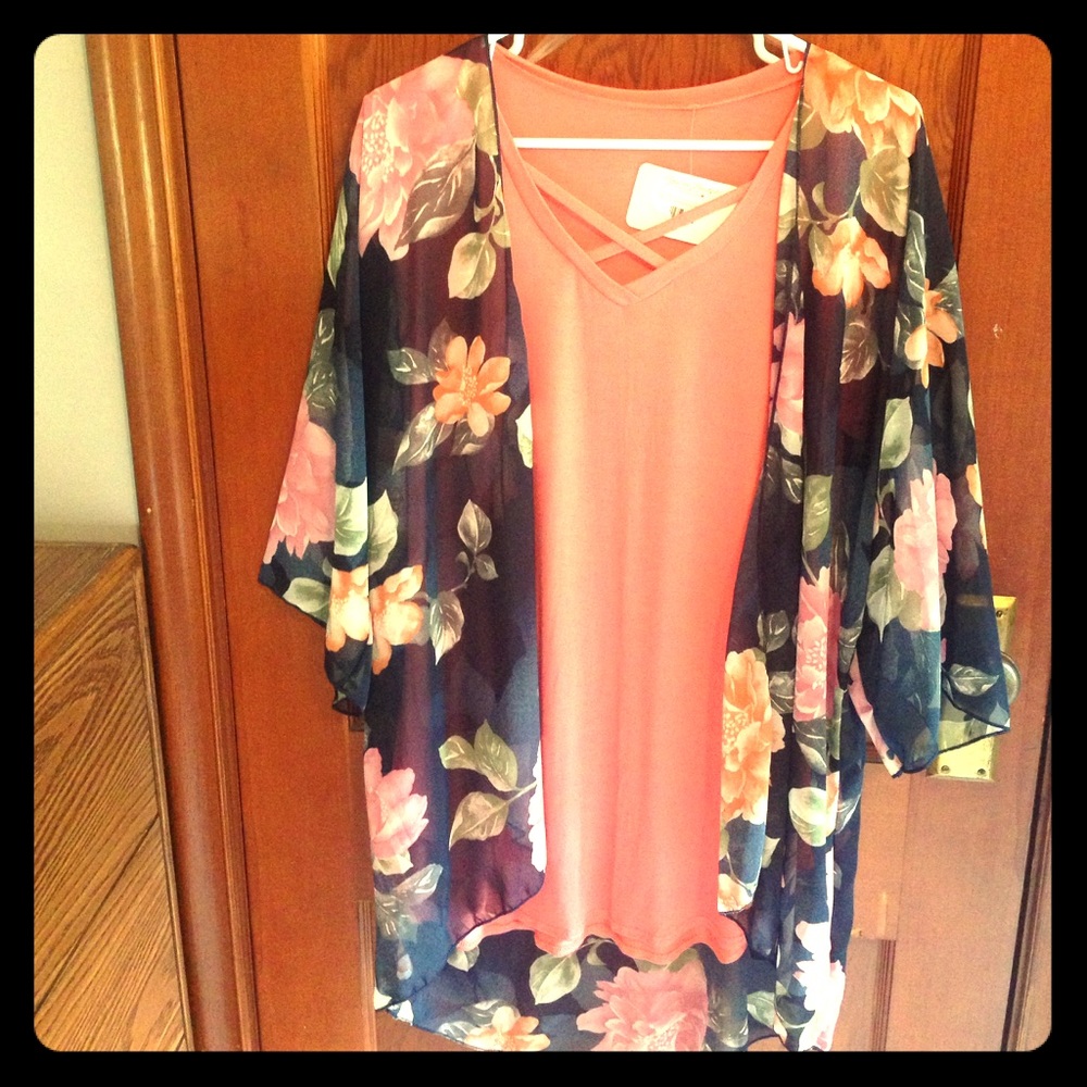 Flower Kimono Cardigan and T-Shirt Combo!