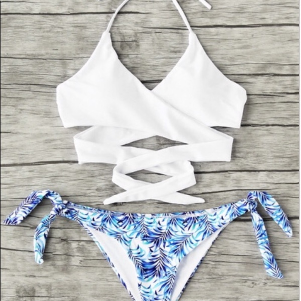 Blue and white wrap-around bikini.
