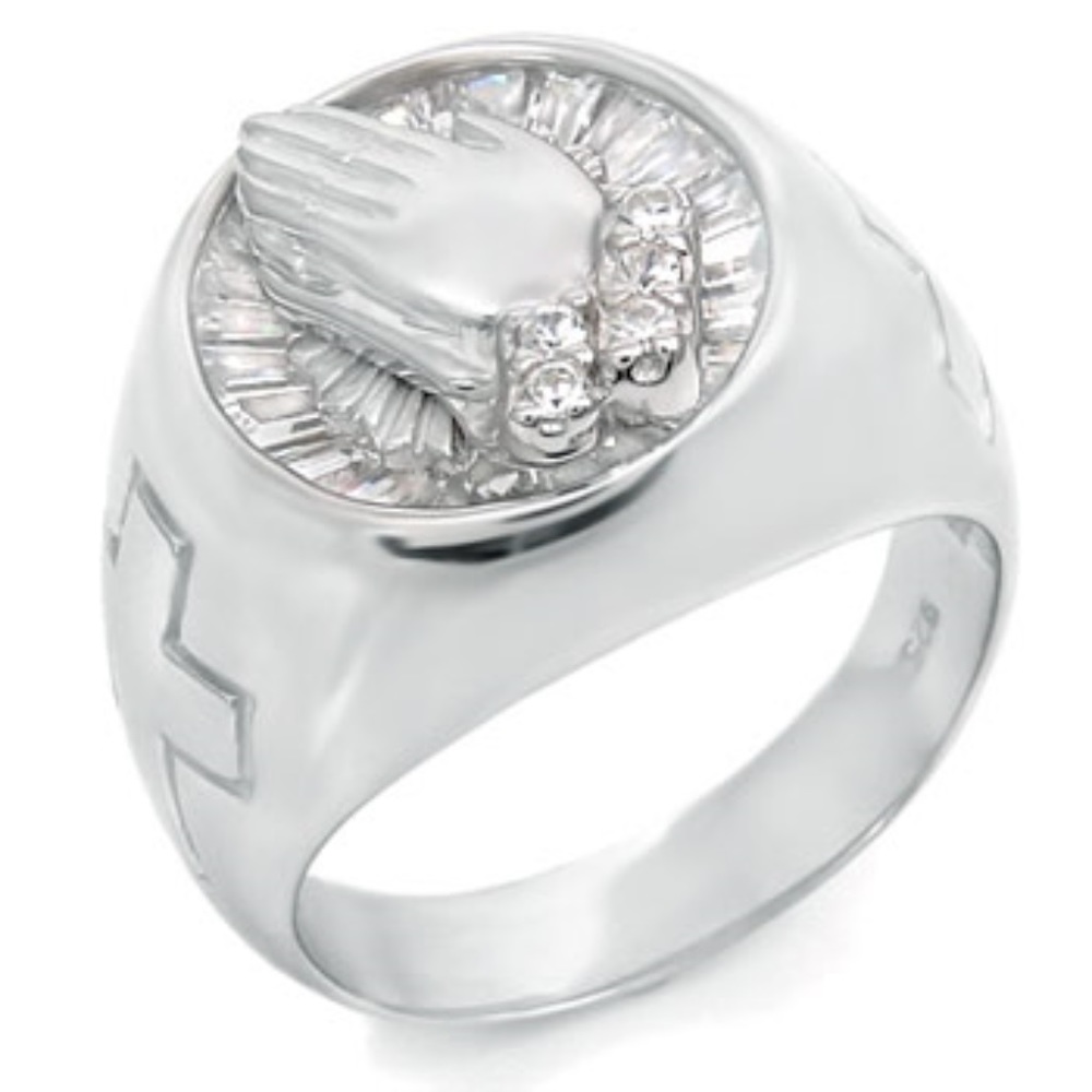 925 Sterling Silver CZ Men RingPray Praying Hands