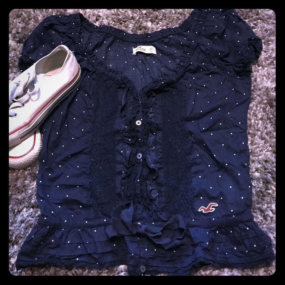Hollister Navy Blue and White Polka Dot Shirt