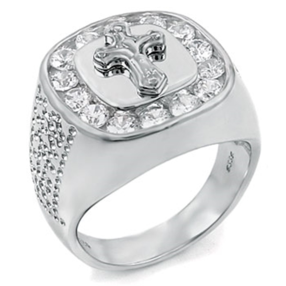 925 Sterling Silver CZ Man Cross Ring
