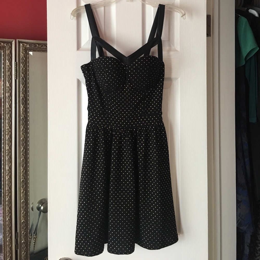 Gold mini dot and leather dress