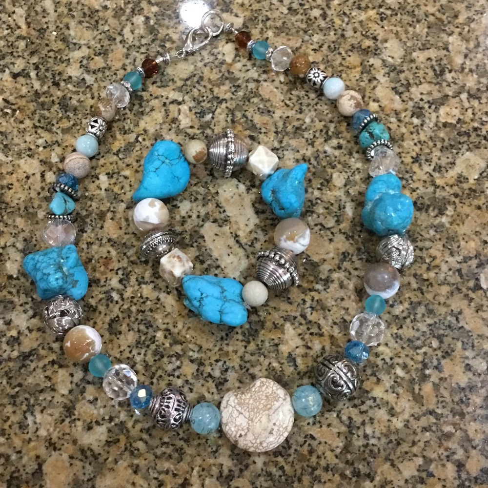 Aqua and sand beaded necklace and bracelet